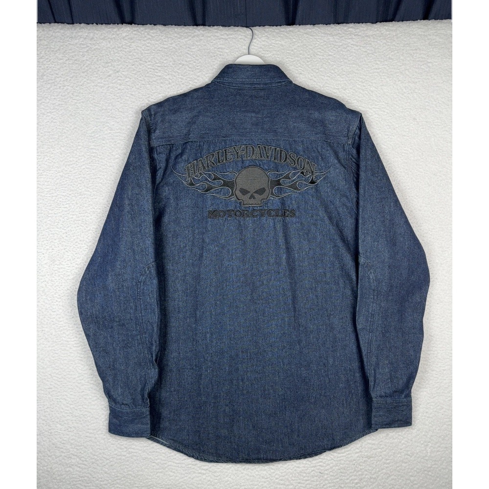 HARLEY DAVIDSON Thick Heavy Denim Button Down Shirt - Skull - Medium Tall